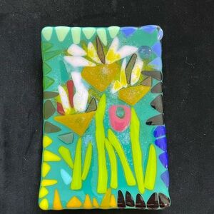 Wild Garden “Original Fused Art Glass  Handmade 9”x6” Green Rectangular Tray
